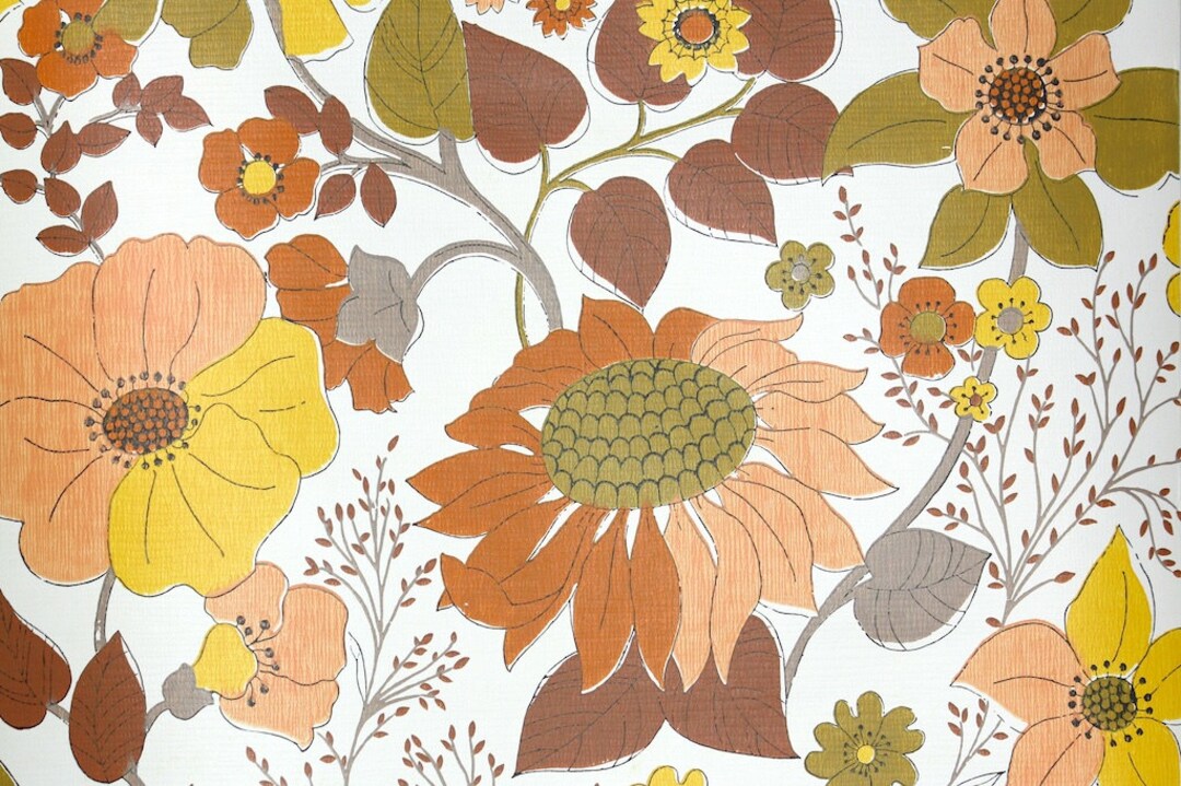 Vintage Wallpaper by the Yard - 1970s Peach Yellow and Brown Sunflowers ...