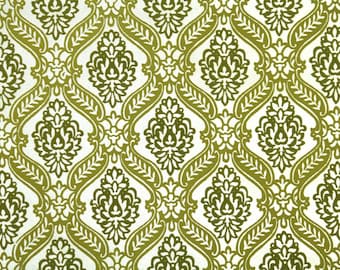 Vintage 1970s Flock Wallpaper By the Yard - Green and Gold Damask