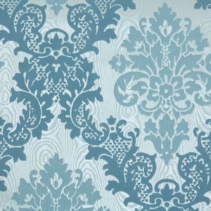 Retro Flock Wallpaper by the Yard 70s Vintage Flock Wallpaper - 1970s Blue Damask Flock