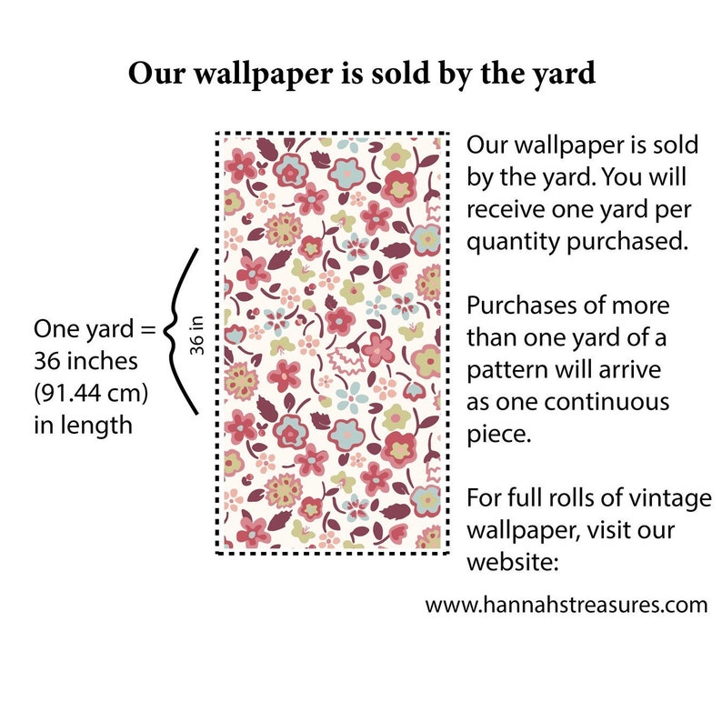 May include: A floral wallpaper sample with a cream backdrop and a design of red, pink, yellow, and blue flowers. The text indicates the wallpaper is sold by the yard, with one yard measuring 36 inches (91.44 cm) in length.