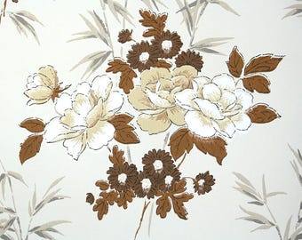Vintage Wallpaper by the Yard – 1970sTan Roses, Brown Flowers