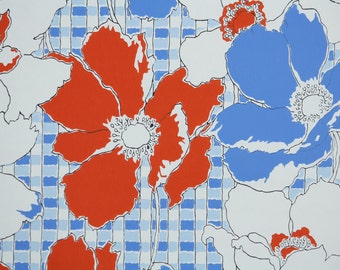 Retro Wallpaper by the Yard 70s Vintage Wallpaper - 1970s Red Blue and White Poppies on Blue Gingham Check