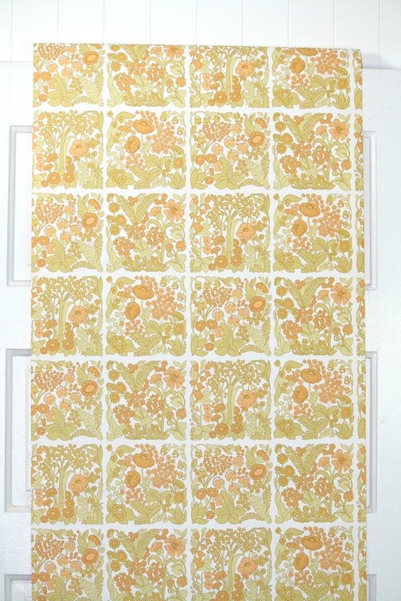1970s Vintage Wallpaper by the Yard - Orange and Gold Floral Tiles - Etsy