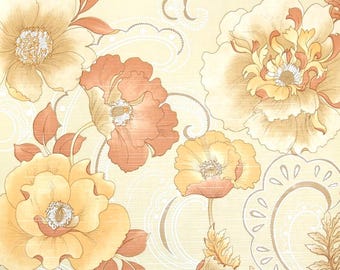 Vintage Wallpaper by the Yard - 1970s Orange and Tan Poppy Blossoms