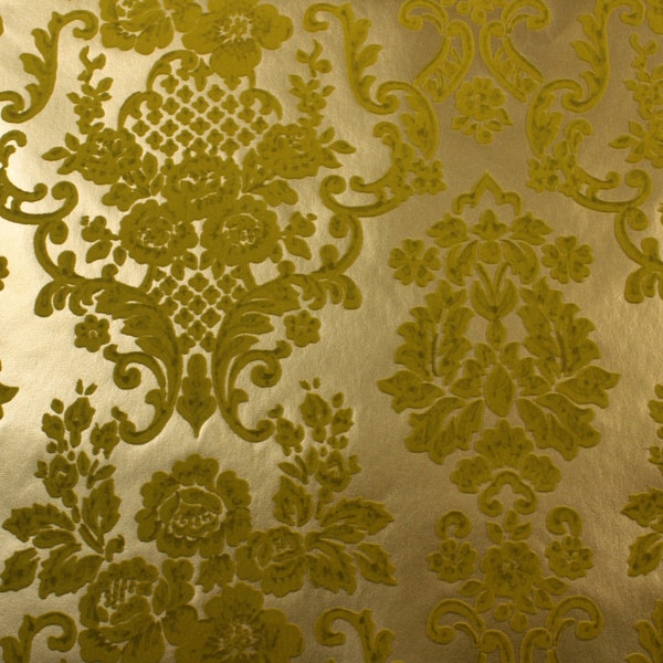 1970's Vintage Wallpaper Green Flocked Damask on metallic gold background