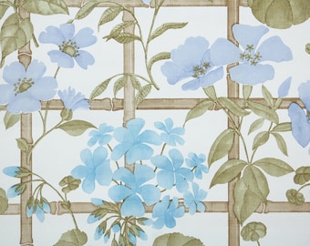 Retro Wallpaper by the Yard 70s Vintage Wallpaper - 1970s Blue Flowers on Bamboo Lattice