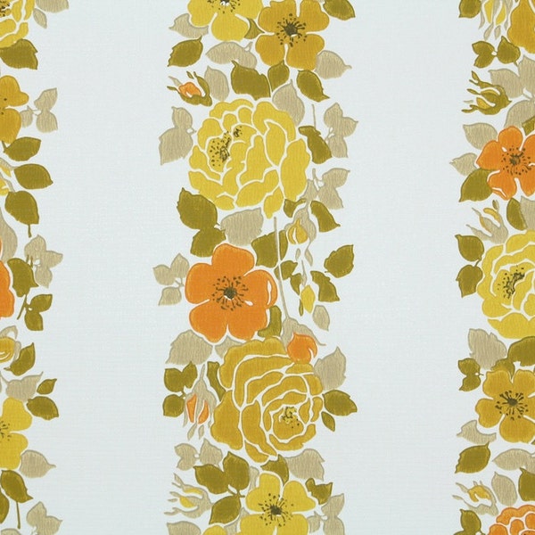 Retro Wallpaper by the Yard 70s Vintage Wallpaper – 1970s Orange and Yellow Floral Stripes on White