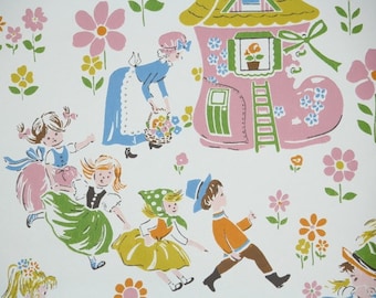 1970s Vintage Wallpaper By the Yard - Nursery Rhyme