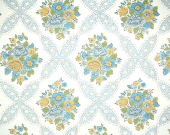 Vintage Floral Wallpaper - 1970s Blue, Gold Rose, Ribbon Lattice by the Yard