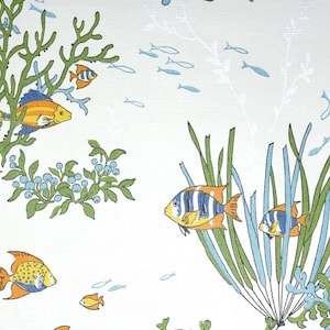 May include: White wallpaper with a repeating pattern of colorful fish, coral, and seaweed. The fish are yellow, orange, and blue, with blue and green accents. The design evokes an underwater scene.