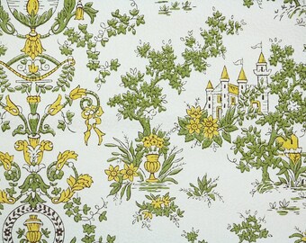 Vintage Wallpaper by the Yard 70s Retro Wallpaper - 1970s Yellow and Green Fairy Tale Castle on White