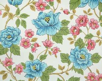 Retro Wallpaper by the Yard 70s Vintage Wallpaper - 1970s Pink and Blue Flowers and Green Leaves on White