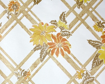 Vintage Wallpaper by the Yard –1970s  Bamboo Lattice Orange Daisies