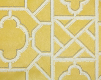 Retro Flock Wallpaper by the Yard 70s Vintage Flock Wallpaper - 1970s White Flock Geometric Lattice on Yellow