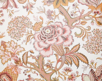 1970s Vintage Wallpaper by the Yard - Retro Floral Chintz Design, Orange and Red Flowers on Beige