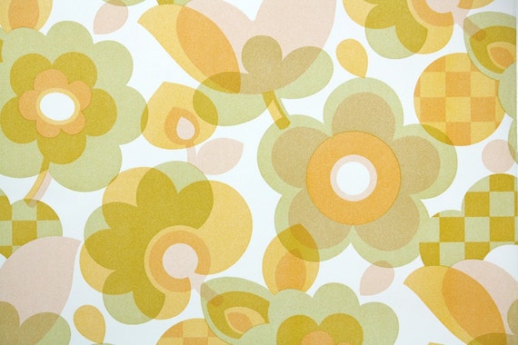 Retro Carta Da Parati Tagliati A Misura Degli Anni 70 Vintage Wallpaper 1970s Giallo E Fiori A Quadretti Su Bianco