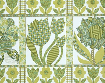 Retro Wallpaper by the Yard 70s Vintage Wallpaper - 1970s Green and Blue Patchwork Floral Tulips and Geometric Patterned Flowers on White
