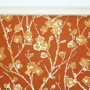 Retro Wallpaper by the Yard 70s Vintage Wallpaper 1970s Vinyl Orange Cherry Blossom Floral with Golden Yellow Flowers on White Branches image 2