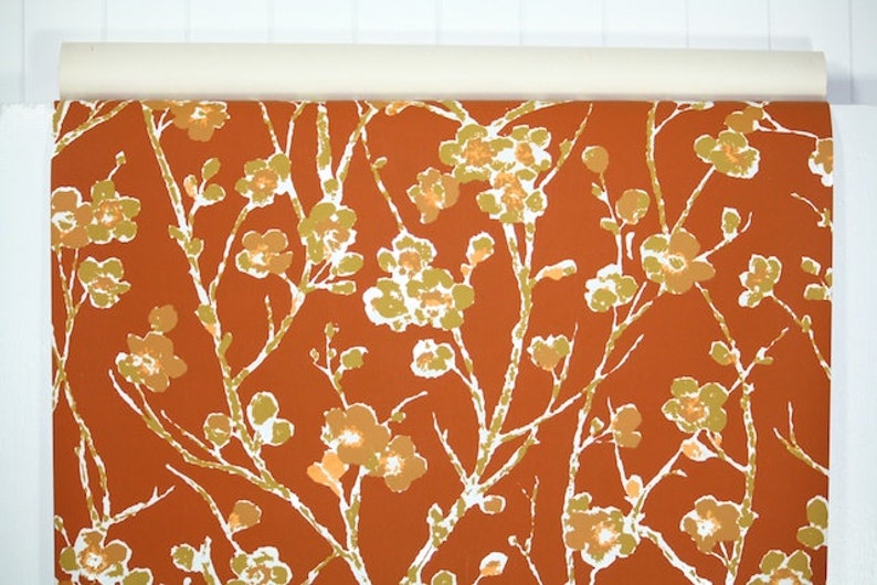 Retro Wallpaper by the Yard 70s Vintage Wallpaper 1970s Vinyl Orange Cherry Blossom Floral with Golden Yellow Flowers on White Branches image 2