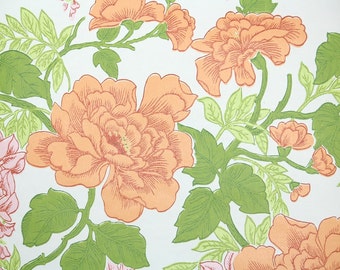 Retro Wallpaper by the Yard 70s Vintage Wallpaper - 1970s Pink Wisteria and Peach Flowers on White