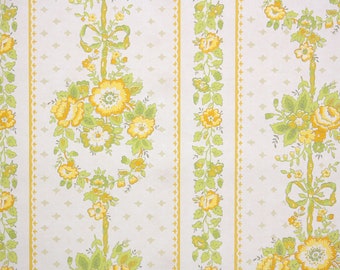 1970s Vintage Wallpaper by the Yard - Retro Floral Stripe Wallpaper Yellow and Green Roses and Bows in Stripes on White