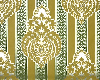 Retro Flock Wallpaper by the Yard 70s Vintage Flock Wallpaper - 1970s Flocked Victorian Damask Stripes Green and Chartreuse on Gold Metallic