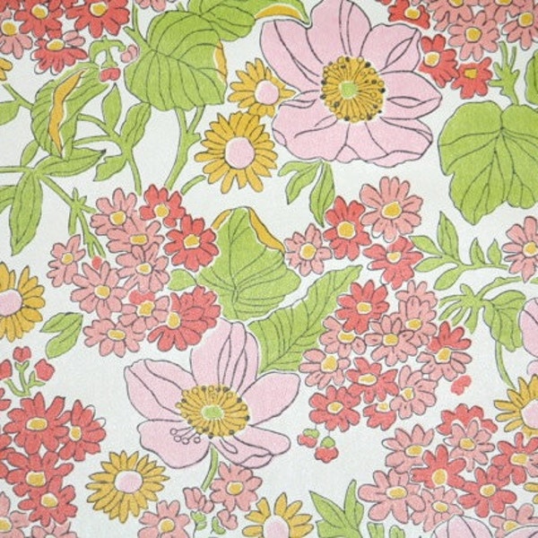 Retro Wallpaper by the Yard 70s Vintage Wallpaper - 1970s Pink Coral Red and Green Floral on White