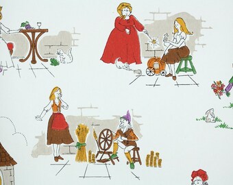 Retro Wallpaper by the Yard 70s Vintage Wallpaper - 1970s Fairy Tale Story Scenes Childrens Nursery Rumpelstiltskin Rapunzel Princess