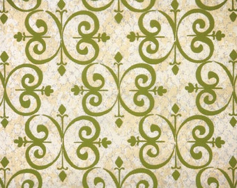 Retro Flock Wallpaper by the Yard 70s Vintage Wallpaper - 1970s Green Damask on Marbled Gold and Silver