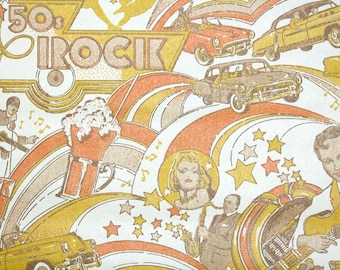 1970s Retro Wallpaper by the Yard - Rock and Roll with Dancing Elvis and Cars
