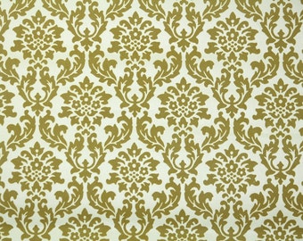 Papel pintado vintage de los años 70 con estampado damasco dorado oscuro y textura afelpada retro, cortado a medida.
