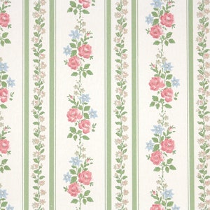 1970s Vintage Floral Stripe Wallpaper By the Yard– Pink Roses and Blue Flowers