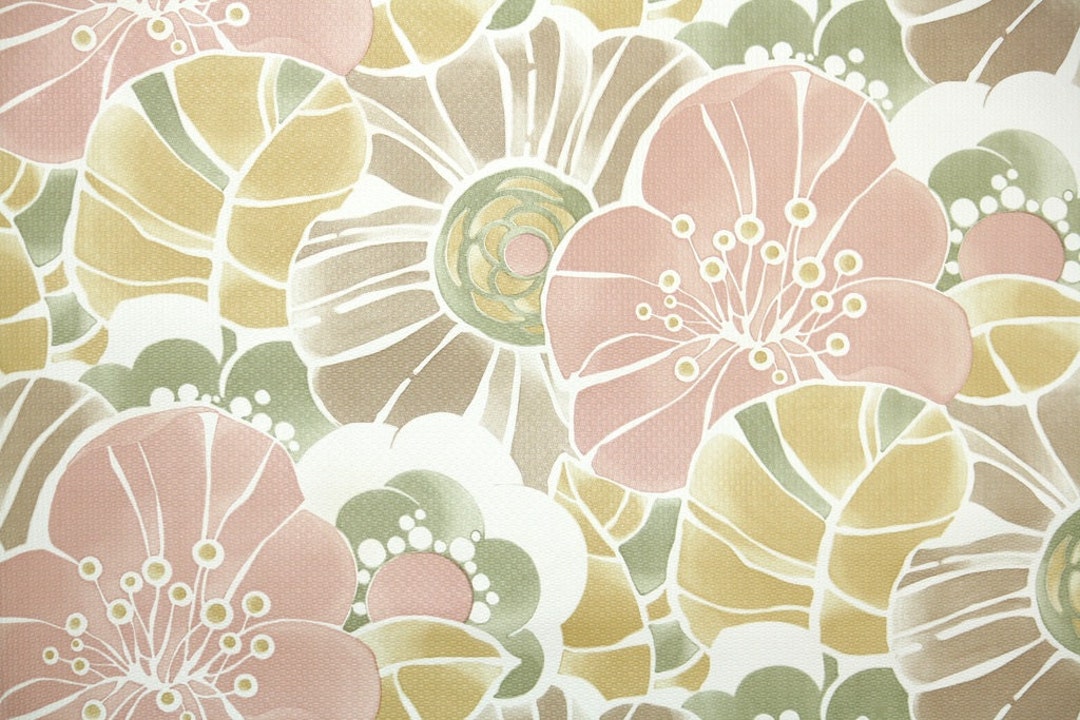 Retro Wallpaper By The Yard 60s Vintage Wallpaper 1960s Brown Pink And Green Mod Floral Etsy