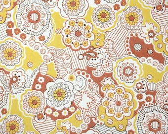 Papel pintado retro cortado a medida - Paisley floral amarillo, naranja y blanco de los años 70