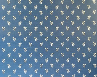 1980s Botanical Wallpaper - Vintage Tiny White Leaves on Navy Blue sold by the Yard