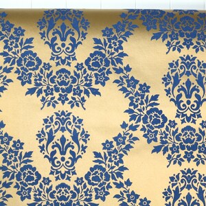 Retro Flock Wallpaper by the Yard 70s Vintage Flock Wallpaper 1970s Blue Floral Flock on Metallic Gold image 2