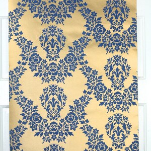 Retro Flock Wallpaper by the Yard 70s Vintage Flock Wallpaper 1970s Blue Floral Flock on Metallic Gold image 3