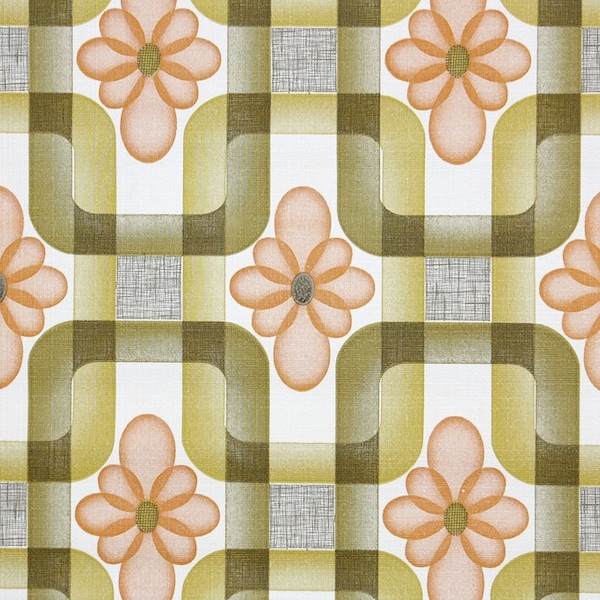 Retro Vintage Wallpaper by the Yard 70s Geometric Vintage Wallpaper - Retro 1970s Geometric Vintage Wallpaper Orange Flowers with Green