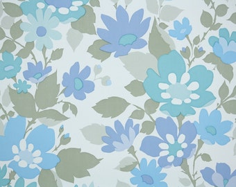 Retro Wallpaper by the Yard 70s Vintage Wallpaper - 1970s Aqua Blue Floral on White