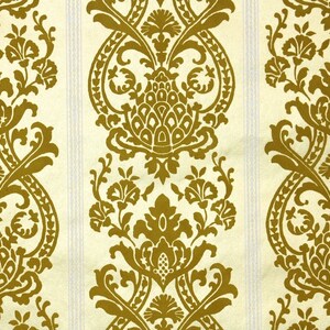 May include: A vintage wallpaper pattern featuring a repeating design of gold floral motifs on a white background.