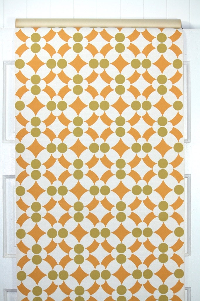 1960s Vintage Wallpaper Orange Floral Geometric on White by the Yard--Made in West Germany