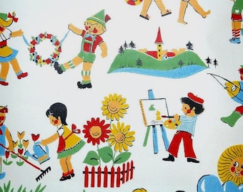 Vintage Wallpaper by the Yard - 1970s Red Yellow Blue and Green Painting Playing Swimming