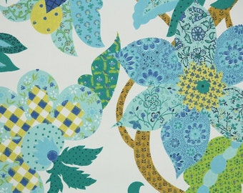 70s Vintage Wallpaper By the Yard – Blue, Green, and Yellow Flowers