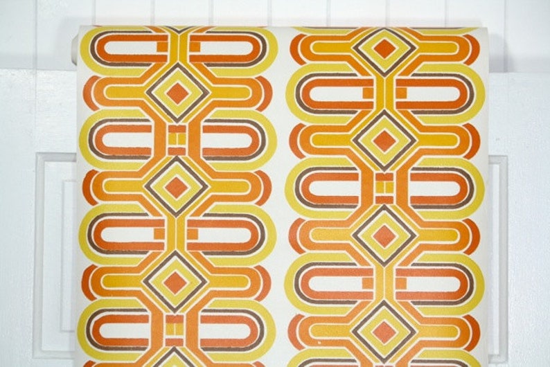 Retro Wallpaper by the Yard 70s Vintage Wallpaper 1970s Yellow Orange Brown and White Geometric Stripe image 2