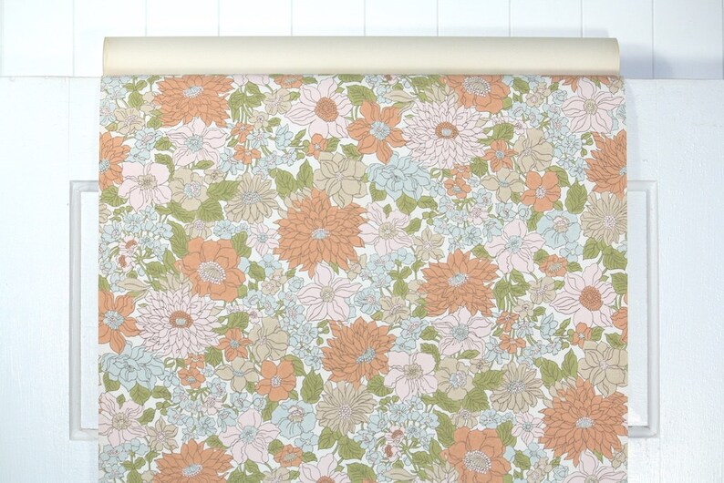 Retro Wallpaper by the Yard 70s Vintage Wallpaper 1970s Pink Blue and Peach Floral