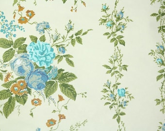 Retro Wallpaper by the Yard 70s Vintage Wallpaper - 1970s Blue Roses and Floral Stripe