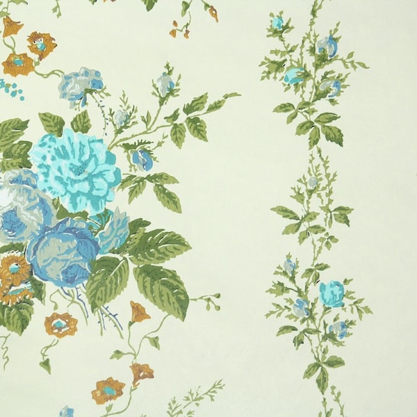 70s Vintage Wallpaper by the Yard - Blue Roses Floral Stripe