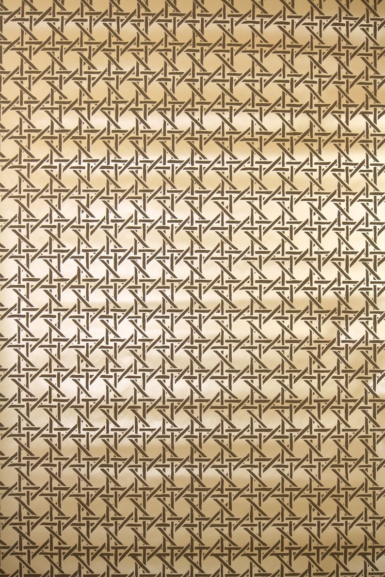 May include: A repeating pattern of dark brown woven cane on a light beige background. The design features a series of intersecting lines forming a grid-like structure, creating a textured surface. This pattern is often used in furniture and decor.