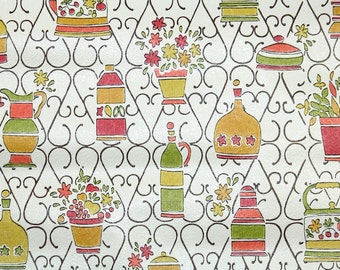 Vintage Wallpaper by the Yard 70s Retro Wallpaper - 1970s Kitchen Vases and Flowers in Pink and Green with Wrought Iron Design on White