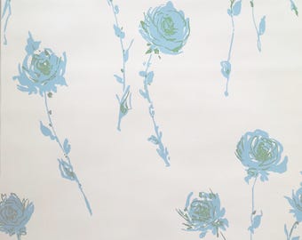 Vintage Wallpaper by the Yard -1950s Blue and Green Long Stem Roses on White